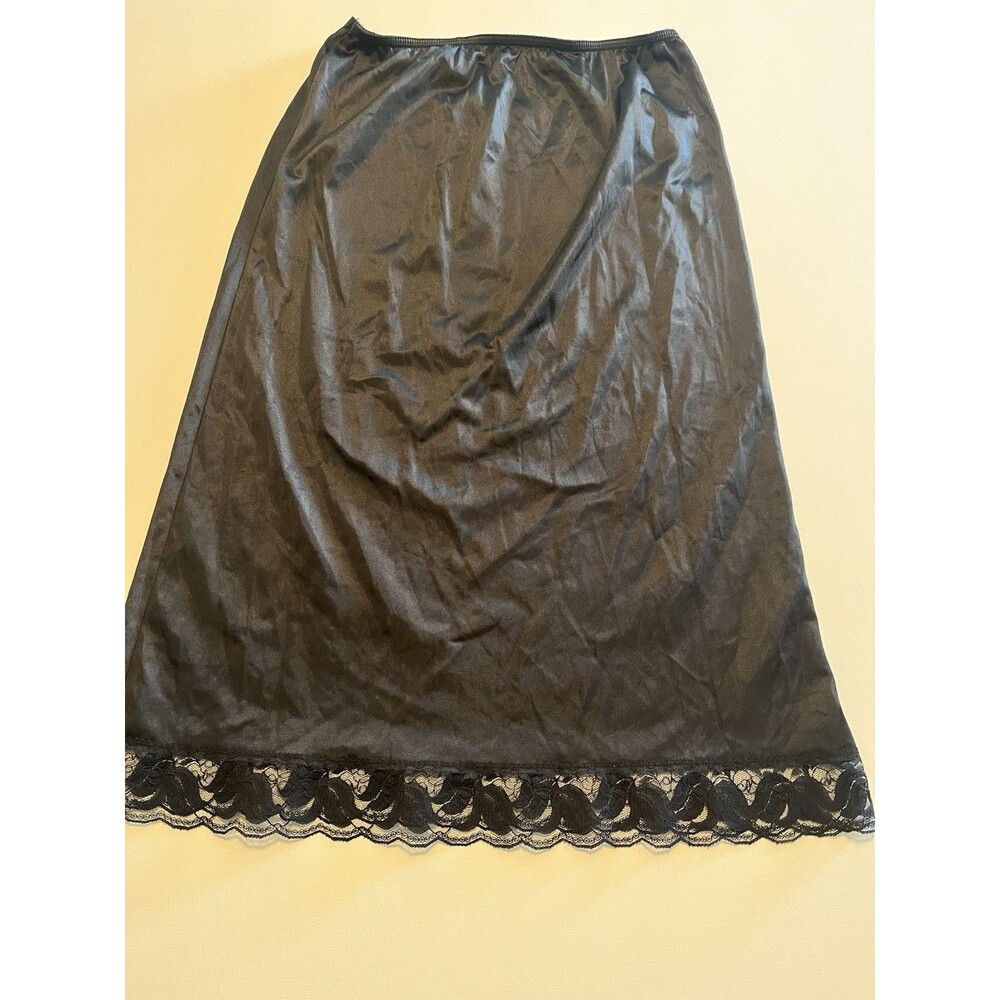 Vintage Women's Skirt Slip Size Large 30/32 Black Half Slip Midi Lace Trim